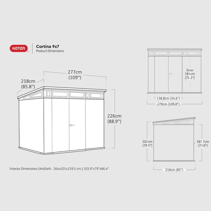 Keter 9x 7 Cortina Heavy Duty Plastic Pent Shed – Dark Grey - Image 2